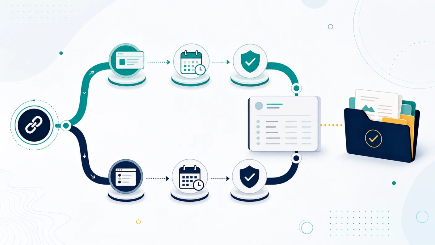 Diagram comparing two creator referral attribution paths, timing checks and evidence records