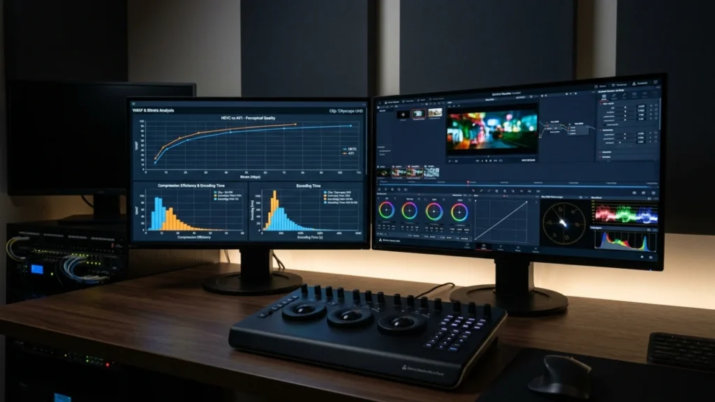 Video compression mastering suite comparing HEVC H.265 and AV1 4K 60fps VMAF bitrate histograms
