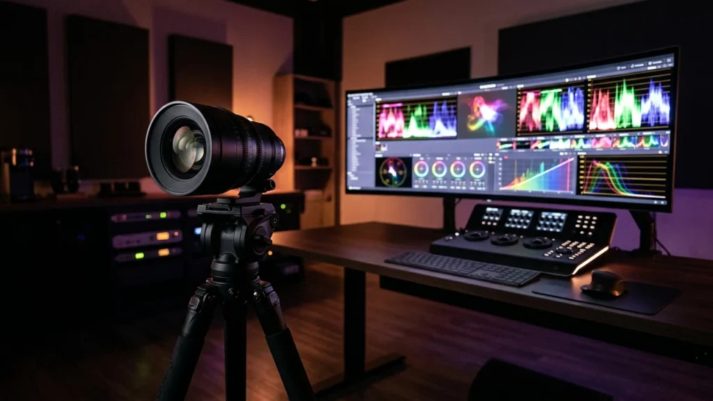 Cinema color grading studio with prime lens and 4K RGB bitrate waveforms Cinema color grading studio with prime lens and 4K RGB bitrate waveforms